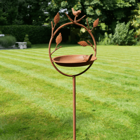 Rustic Metal Bird Feeder on a Stake with Leaves and Birds Detail