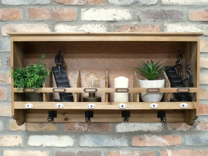 Rustic Wooden Wall Shelf with 6 Hooks and Compartments