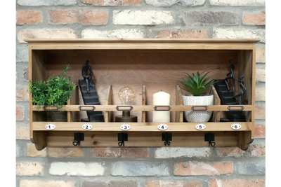 Rustic Wooden Wall Shelf with 6 Hooks and Compartments