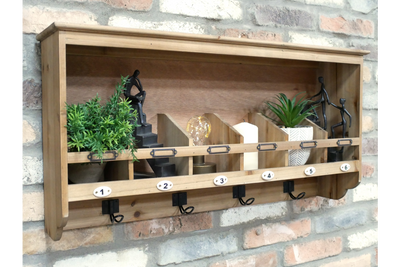 Rustic Wooden Wall Shelf with 6 Hooks and Compartments