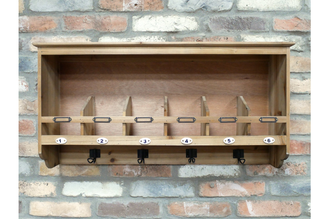 Rustic Wooden Wall Shelf with 6 Hooks and Compartments