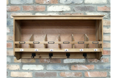 Rustic Wooden Wall Shelf with 6 Hooks and Compartments