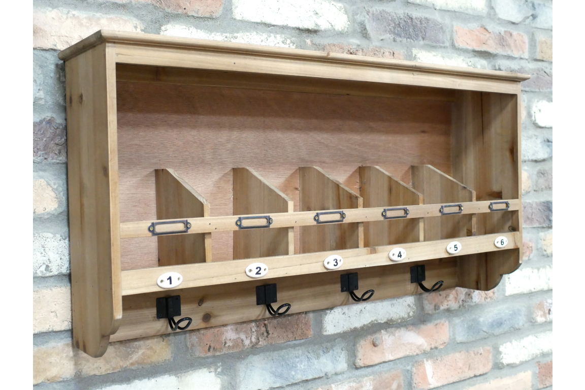 Rustic Wooden Wall Shelf with 6 Hooks and Compartments