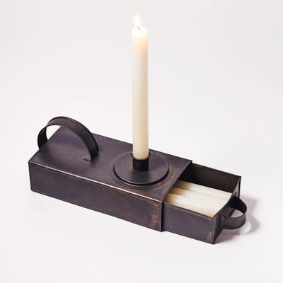 Burnished Black Metal Candle Box with Storage Drawer