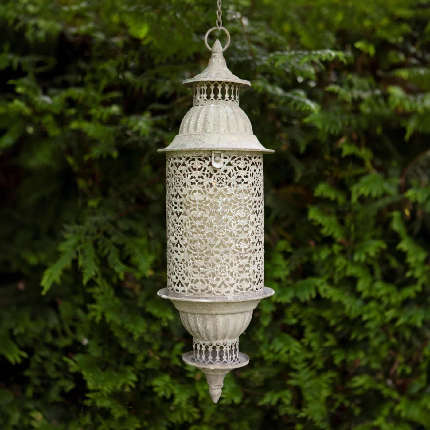 Metal Hanging Garden Lantern with Filigree Design