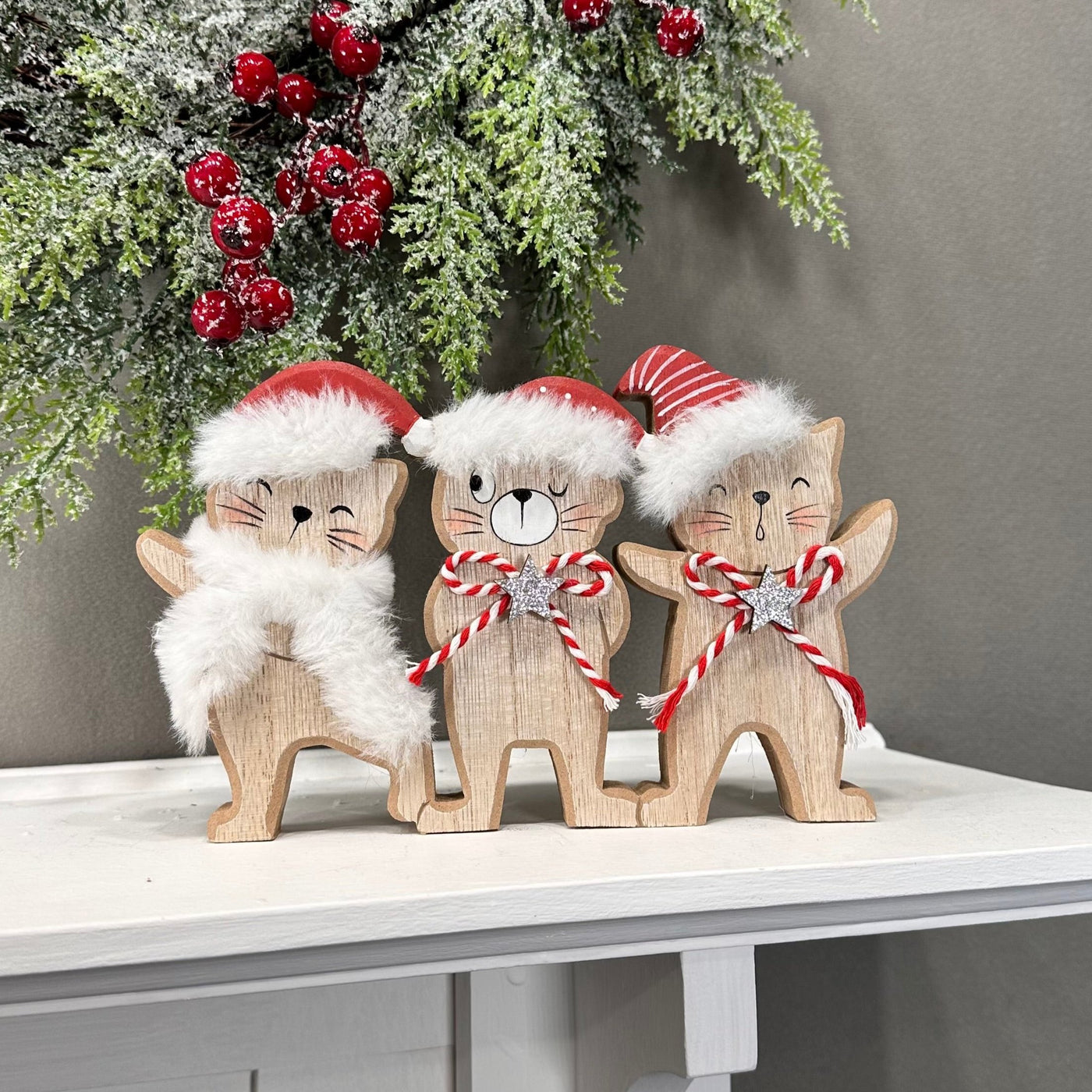 Festive Wooden Cat Ornament Trio