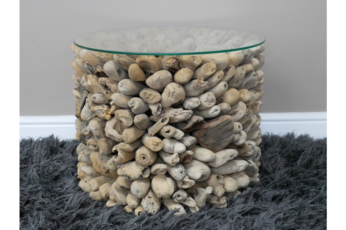 Driftwood Side Table with Glass Top - Coastal Rustic Accent Piece