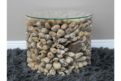 Driftwood Side Table with Glass Top - Coastal Rustic Accent Piece