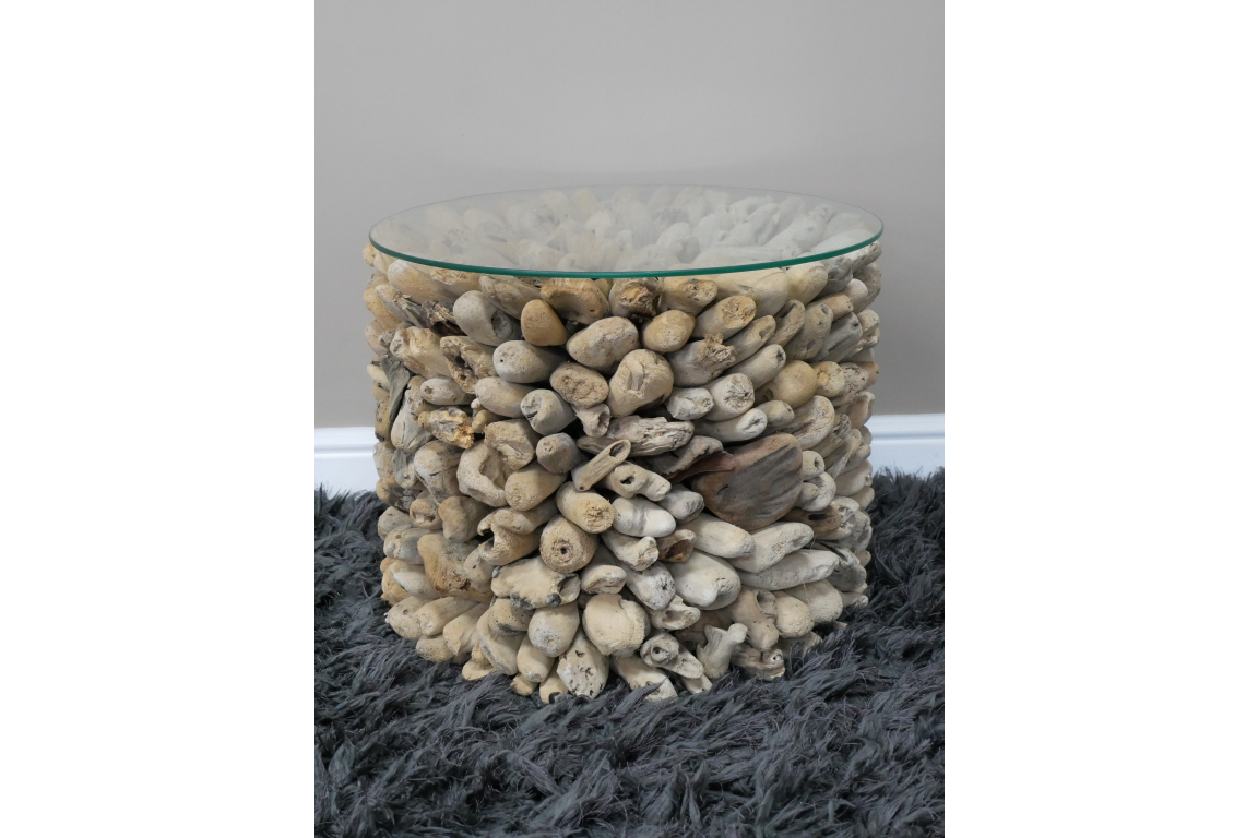 Driftwood Side Table with Glass Top - Coastal Rustic Accent Piece