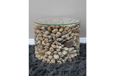 Driftwood Side Table with Glass Top - Coastal Rustic Accent Piece