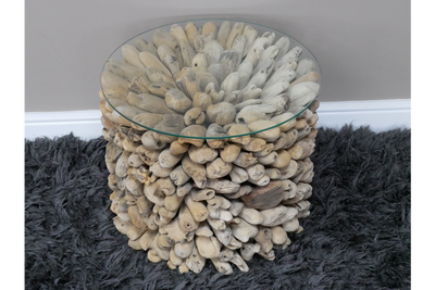 Driftwood Side Table with Glass Top - Coastal Rustic Accent Piece