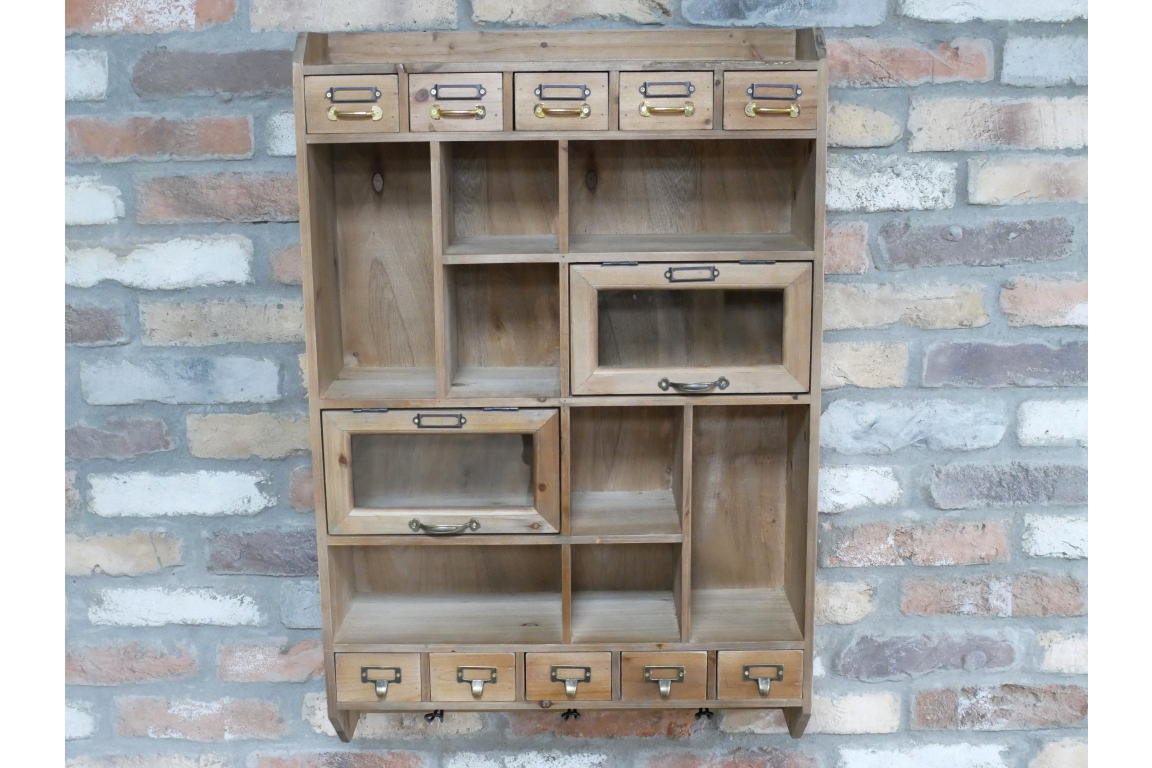 Rustic Wooden Wall Storage Unit with Hooks Drawers and Compartments