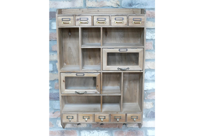 Rustic Wooden Wall Storage Unit with Hooks Drawers and Compartments