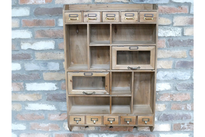 Rustic Wooden Wall Storage Unit with Hooks Drawers and Compartments