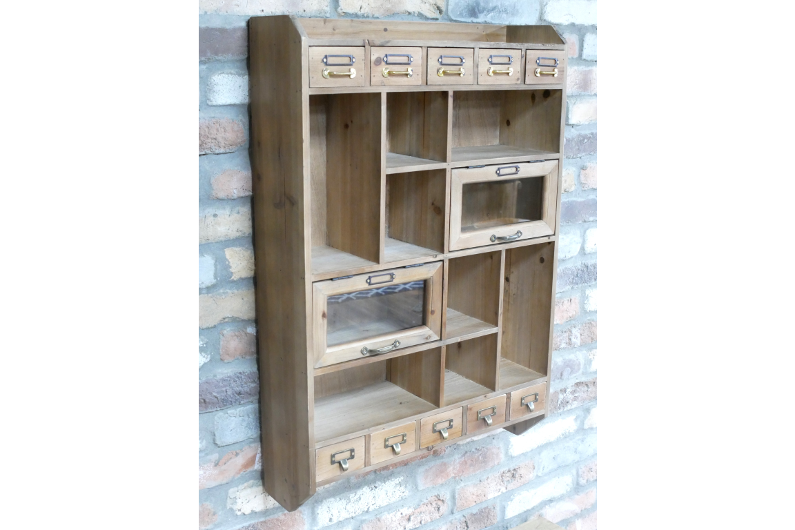 Rustic Wooden Wall Storage Unit with Hooks Drawers and Compartments