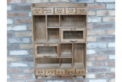 Rustic Wooden Wall Storage Unit with Hooks Drawers and Compartments