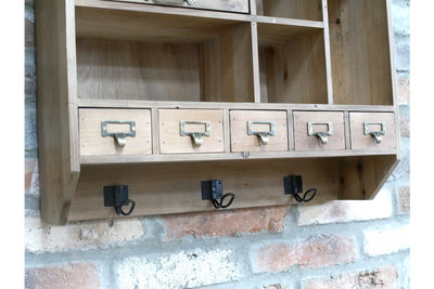 Rustic Wooden Wall Storage Unit with Hooks Drawers and Compartments