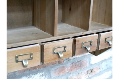 Rustic Wooden Wall Storage Unit with Hooks Drawers and Compartments