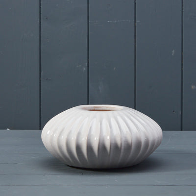 White Ceramic Sea Urchin Pot Style Vase with Ribbed Relief Design