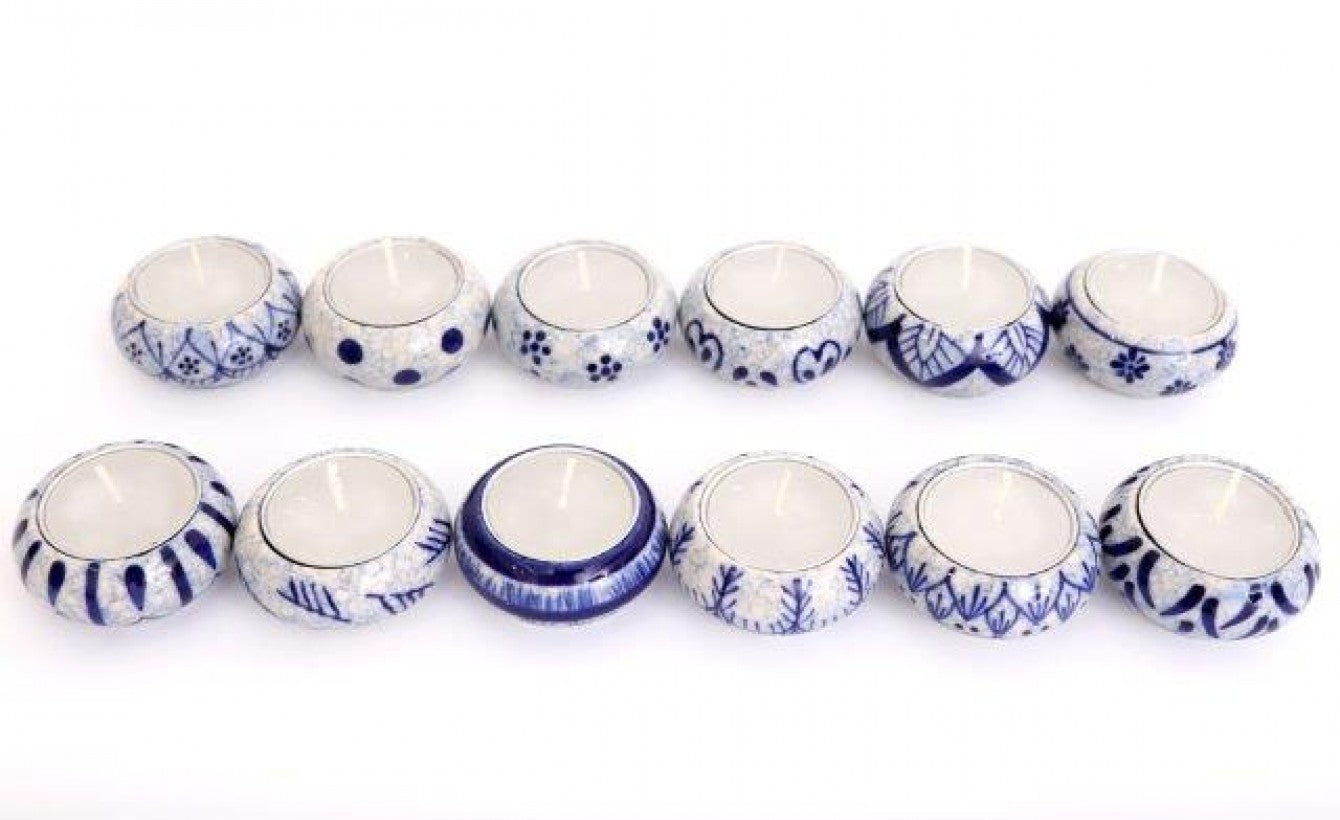 Ceramic Tealight Holders - Set of 6 Decorative Candle Holders in Blue and White