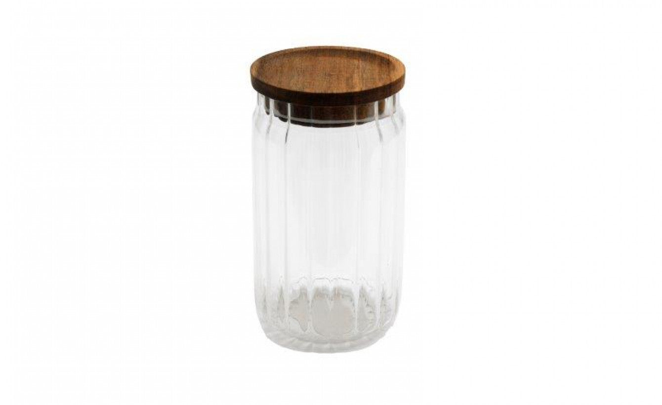 Ribbed Glass Storage Jar with Wooden Lid