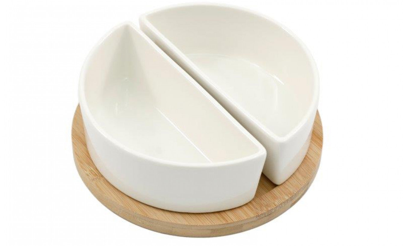 Ceramic & Bamboo Tapas Set - 2-Piece Serving Tray with Bamboo Base