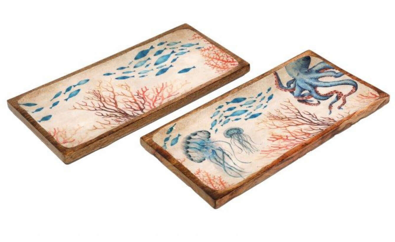 Nautical Wood and Enamel Tray with Ocean Design