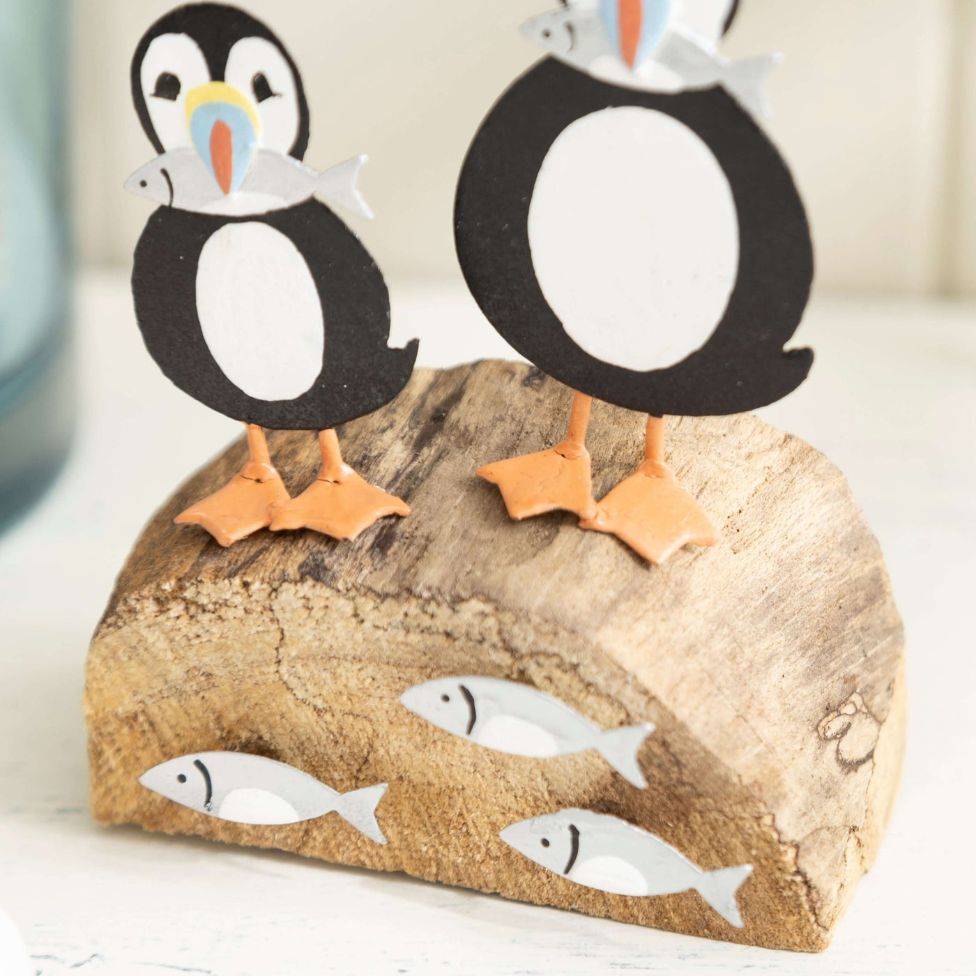 Puffins with Fish Figurine – Coastal-Inspired Decor