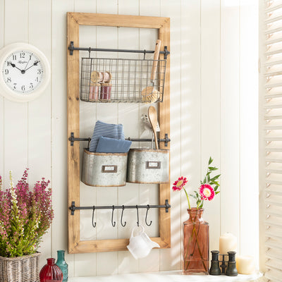 Rustic Wood & Metal Wall Storage Unit with Wire Basket and Tin Containers