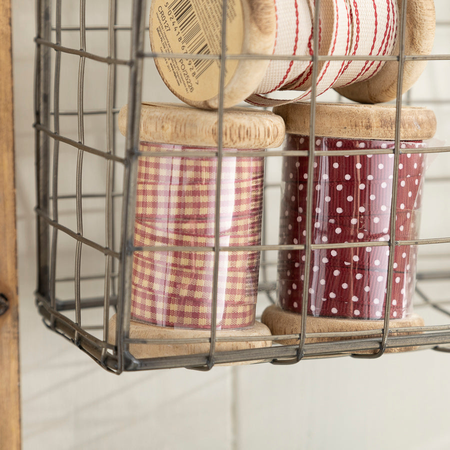 Rustic Wood & Metal Wall Storage Unit with Wire Basket and Tin Containers