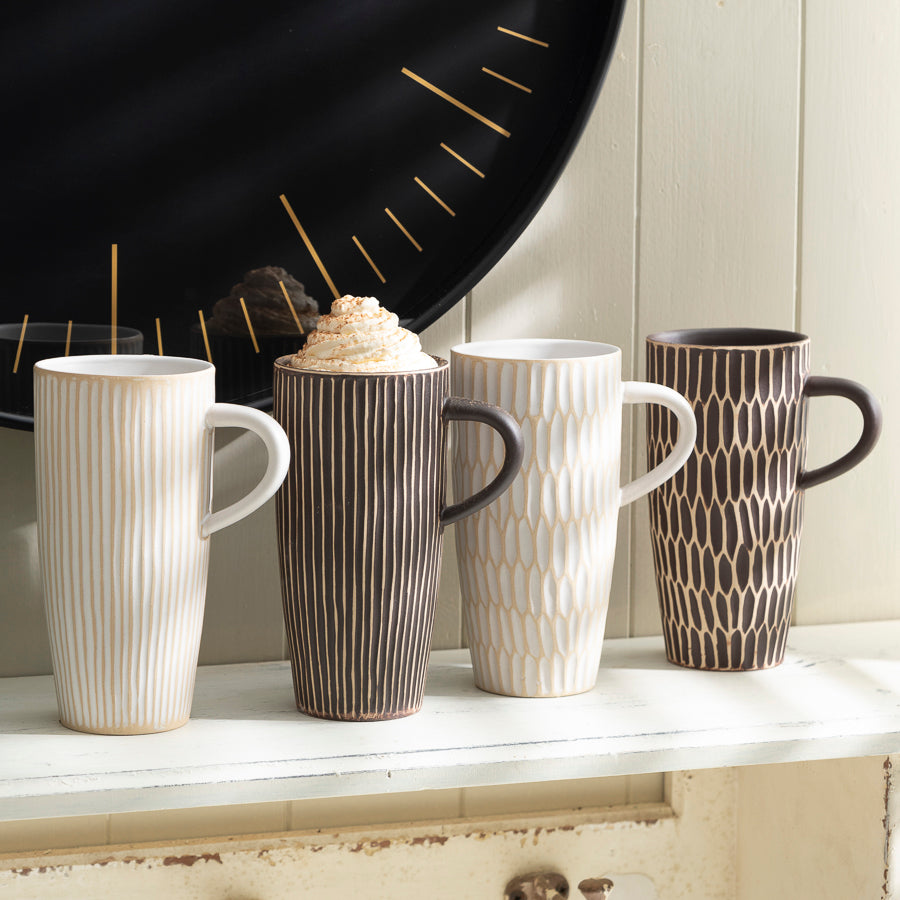 Set of 4 Textured Ceramic Mugs – Rustic Brown and Cream