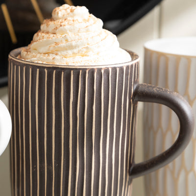 Set of 4 Textured Ceramic Mugs – Rustic Brown and Cream