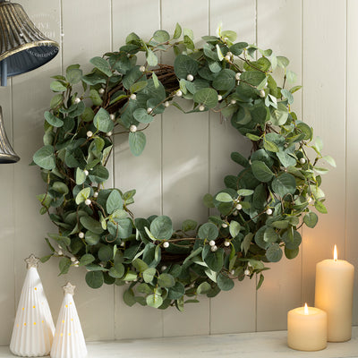 Faux Eucalyptus Christmas Wreath with Pearlescent Berries & Natural Twig Base