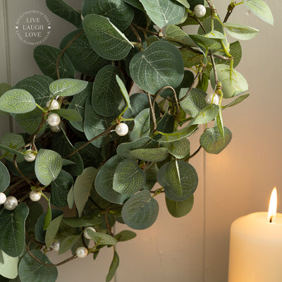 Faux Eucalyptus Christmas Wreath with Pearlescent Berries & Natural Twig Base