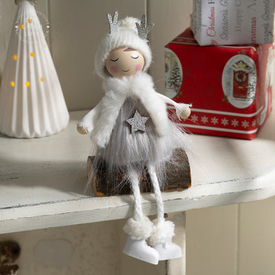 Wooden Girl Shelf Sitter with Rope Legs and Faux Fur