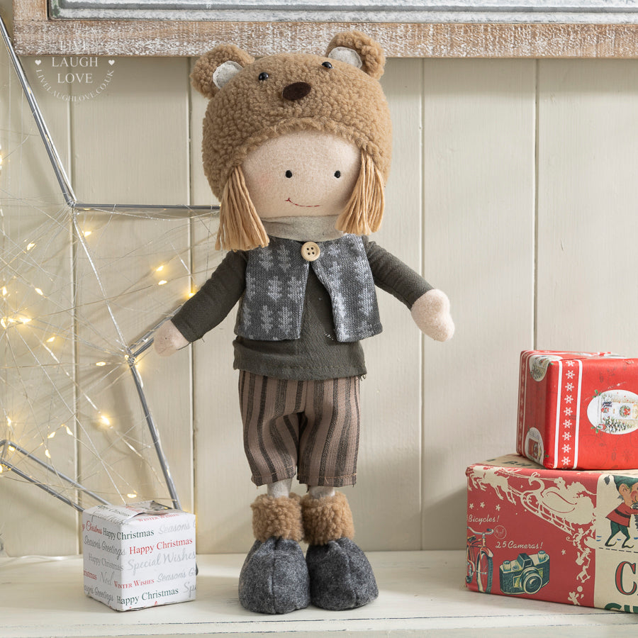 Cozy Bear Hat Shelf Sitter – Festive Boy & Girl Plush Doll