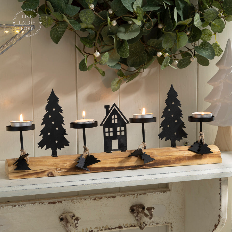 Metal Silhouette Christmas Village Tea Light Holder on Wooden Base