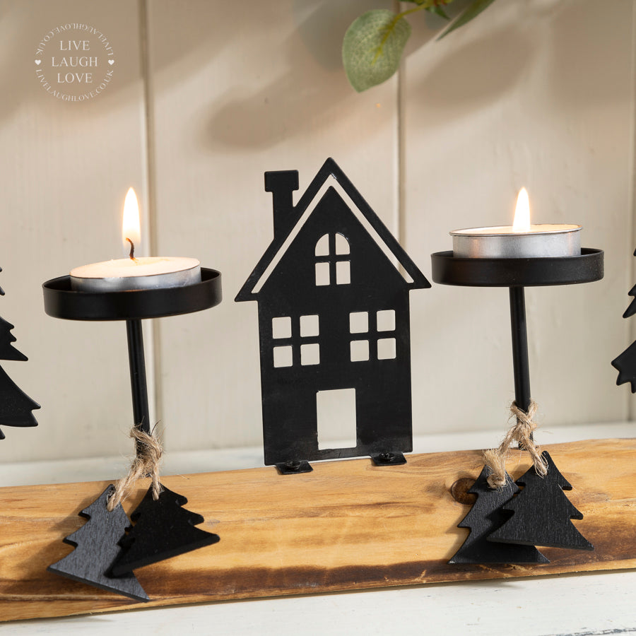 Metal Silhouette Christmas Village Tea Light Holder on Wooden Base