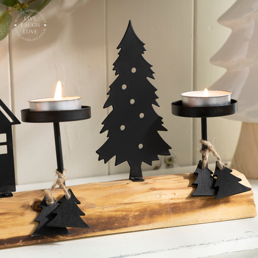 Metal Silhouette Christmas Village Tea Light Holder on Wooden Base