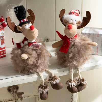 Festive Fluffy Reindeer with Hat & Dangly-Legs