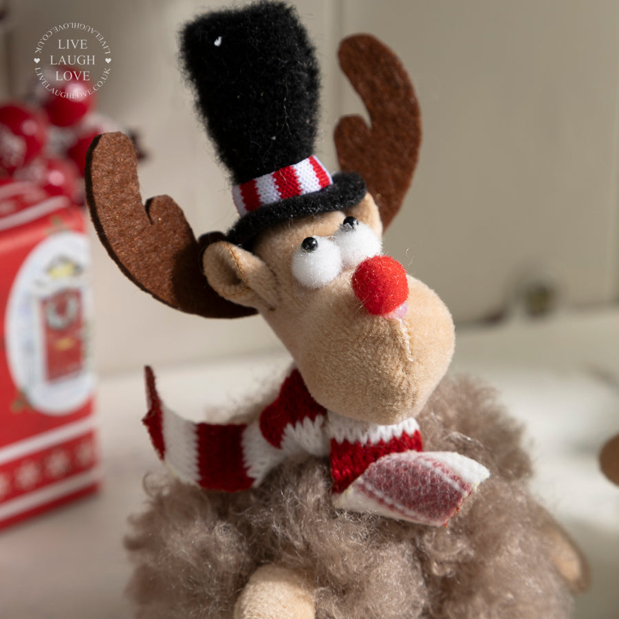 Festive Fluffy Reindeer with Hat & Dangly-Legs