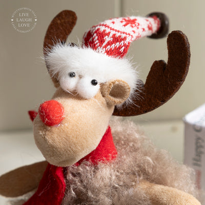 Festive Fluffy Reindeer with Hat & Dangly-Legs