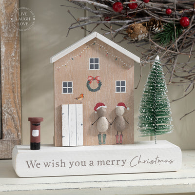 Rustic Christmas House Ornament - "We Wish You a Merry Christmas" with Snowy Tree