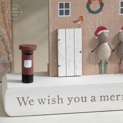 Rustic Christmas House Ornament - "We Wish You a Merry Christmas" with Snowy Tree