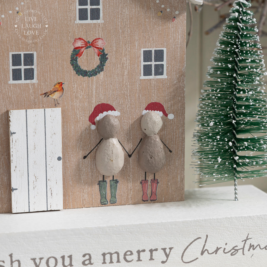 Rustic Christmas House Ornament - "We Wish You a Merry Christmas" with Snowy Tree