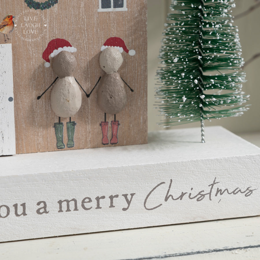 Rustic Christmas House Ornament - "We Wish You a Merry Christmas" with Snowy Tree