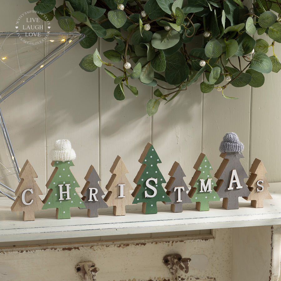 Wooden Christmas Tree Ornament with "Christmas" Lettering