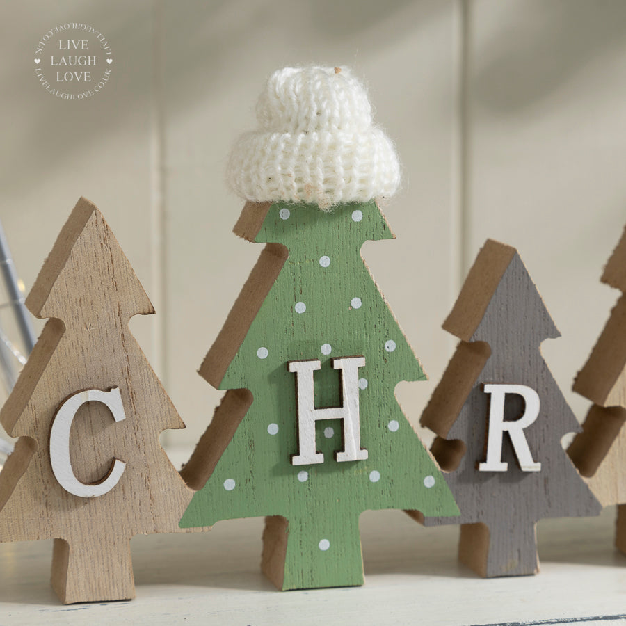 Wooden Christmas Tree Ornament with "Christmas" Lettering