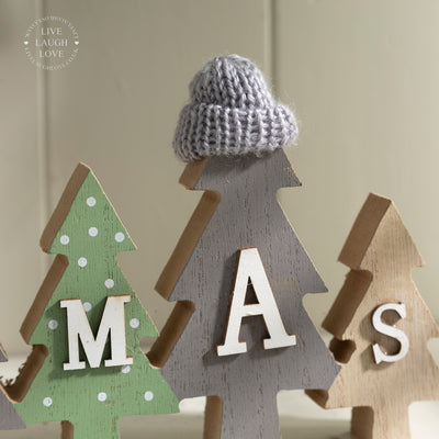 Wooden Christmas Tree Ornament with "Christmas" Lettering