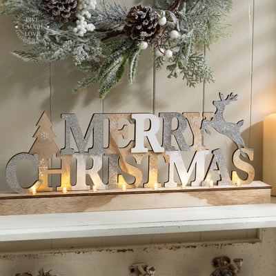 Wooden "Merry Christmas" LED Mantel Sign – Silver